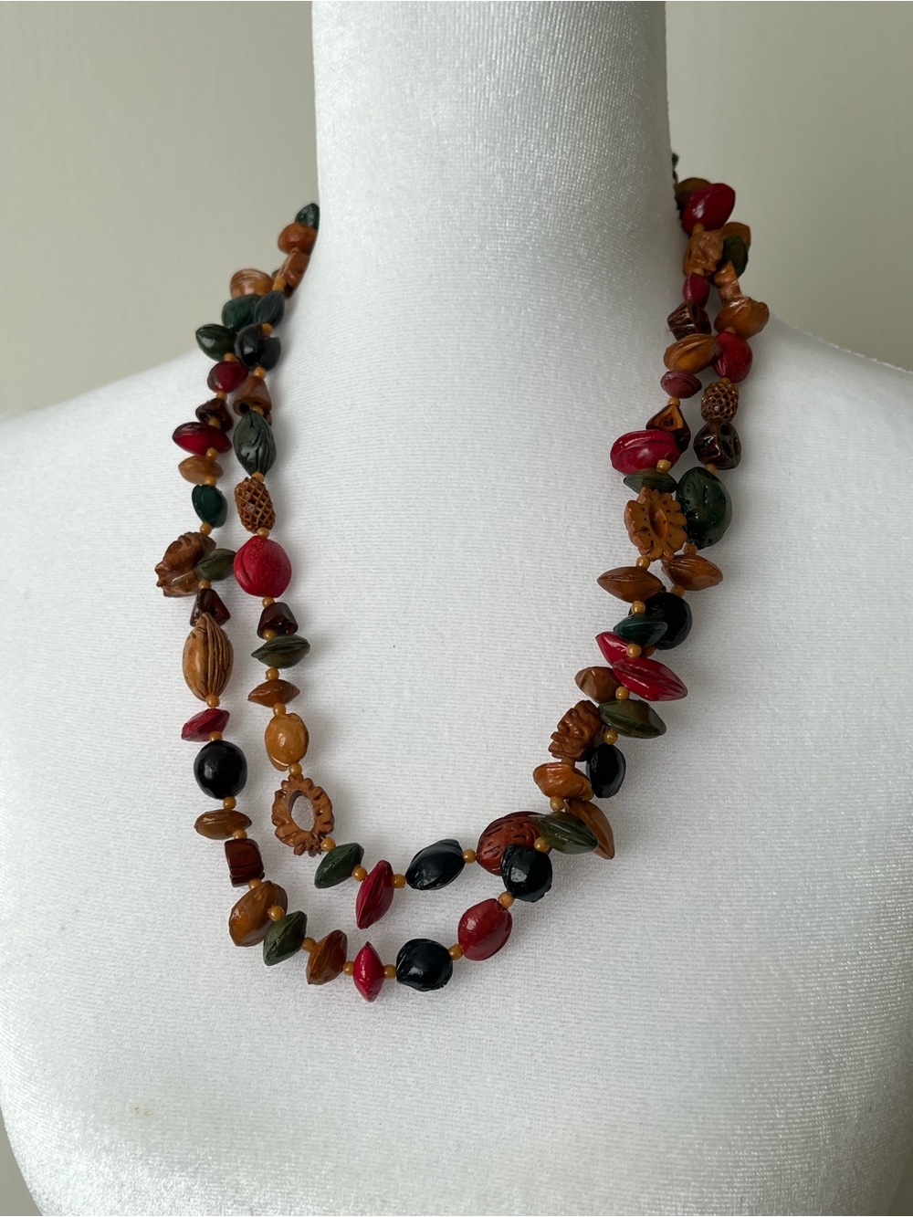 All Natural Seeds Nuts Necklace 46” Strand Brown Red Green Laquared No Stone